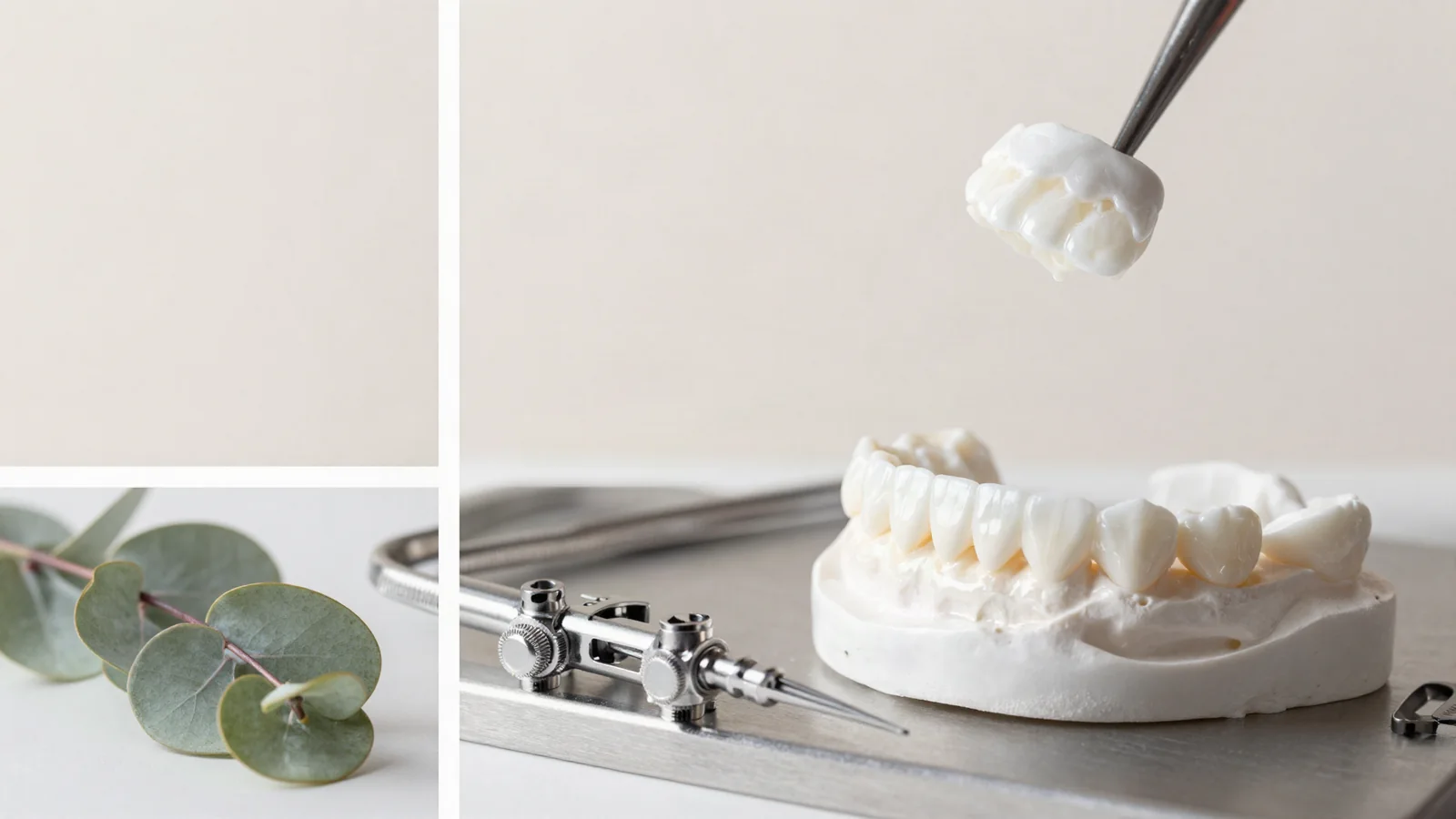 Dental alçının akışını, mineral yüzeyini ve laboratuvar uyumunu gösteren kompozisyon