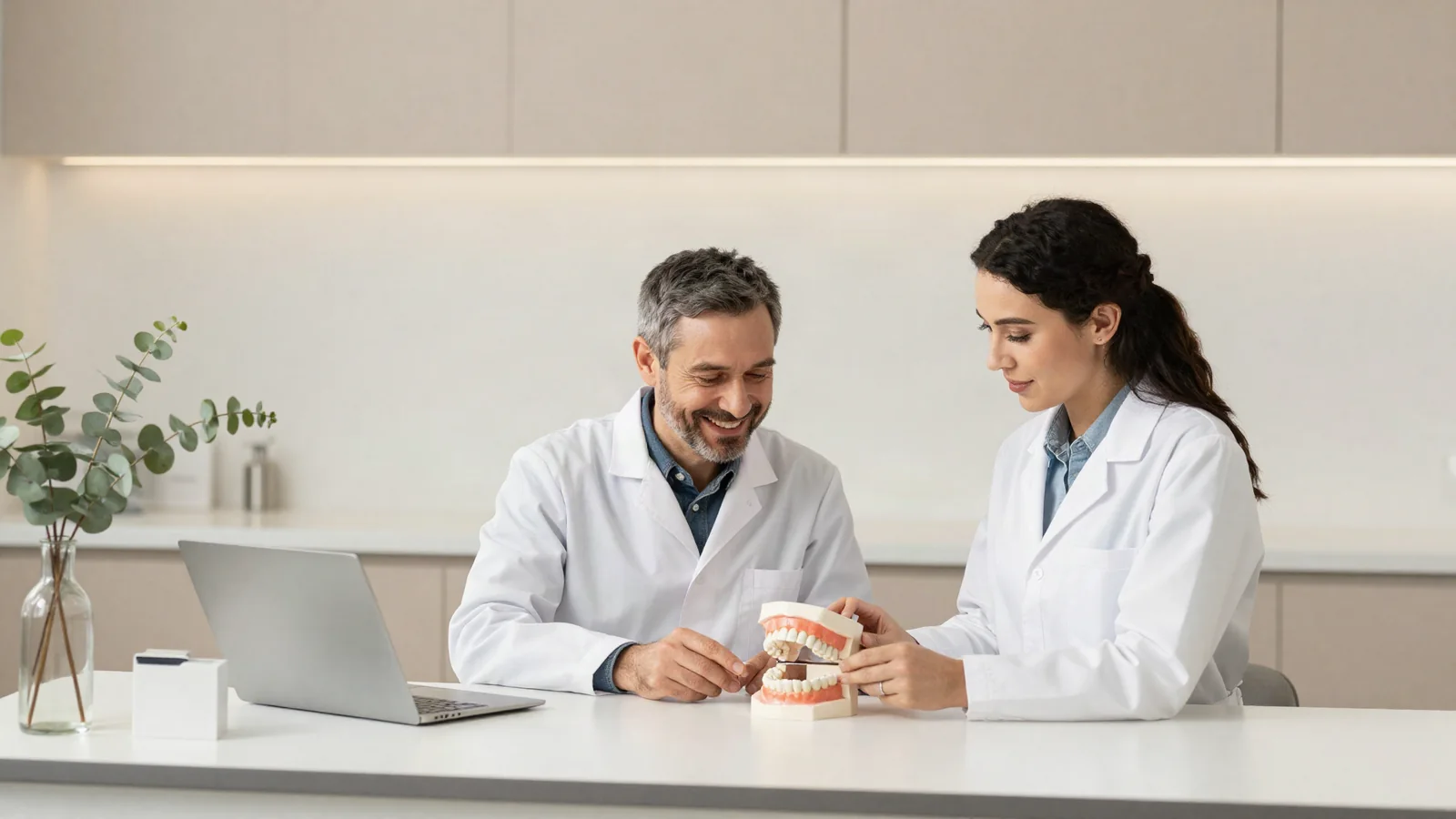 Dental model üzerinde birlikte değerlendirme yapan laboratuvar ve klinik profesyonelleri