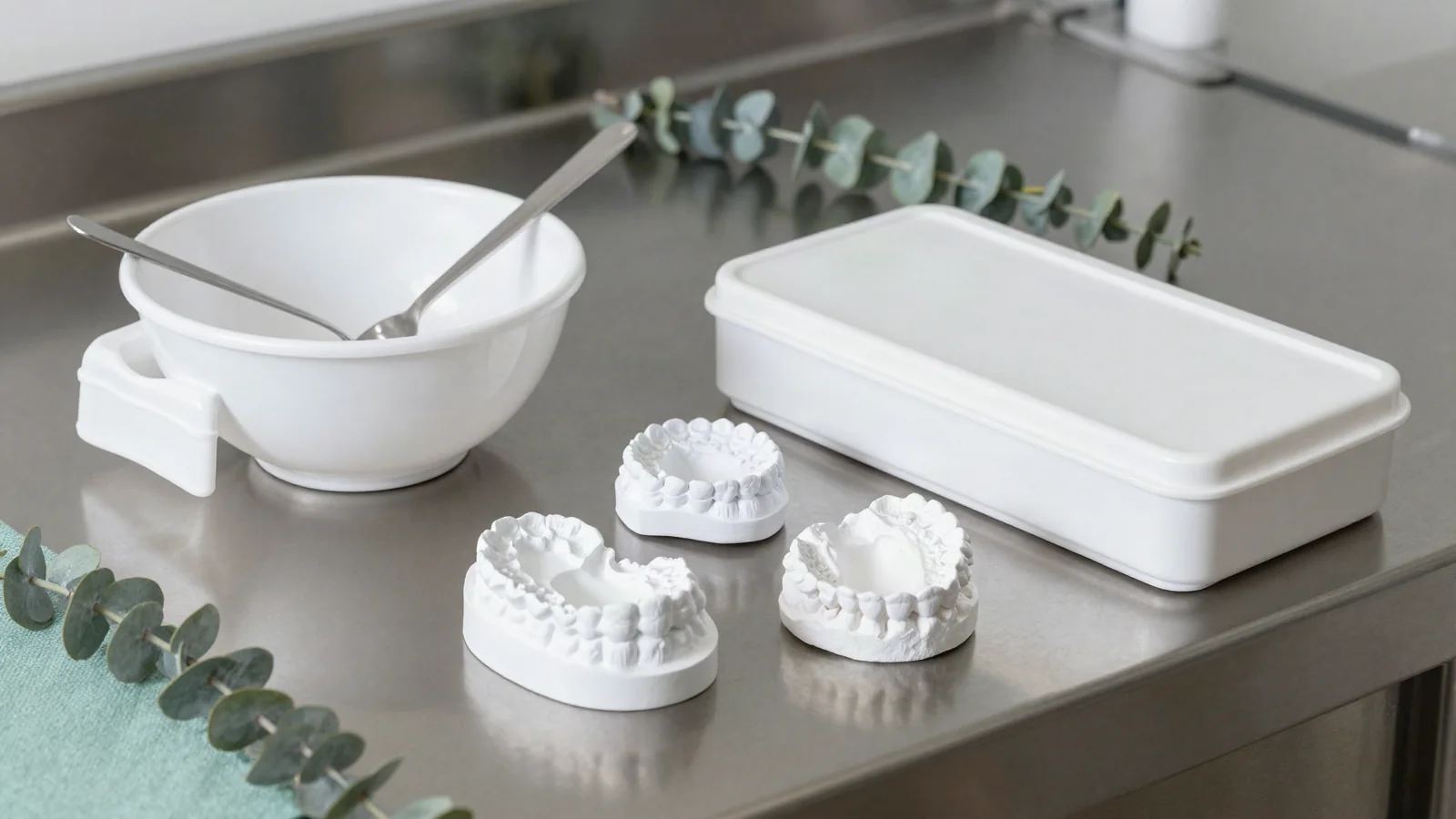 Temiz laboratuvar tezgahında dental alçı hazırlama araçları ve modeller
